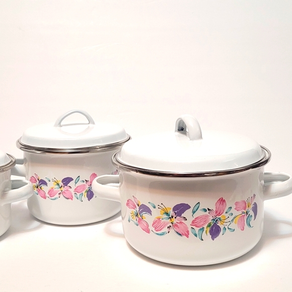 Vintage NEW enamel floral mini stock pots with lids - Picture 5 of 12